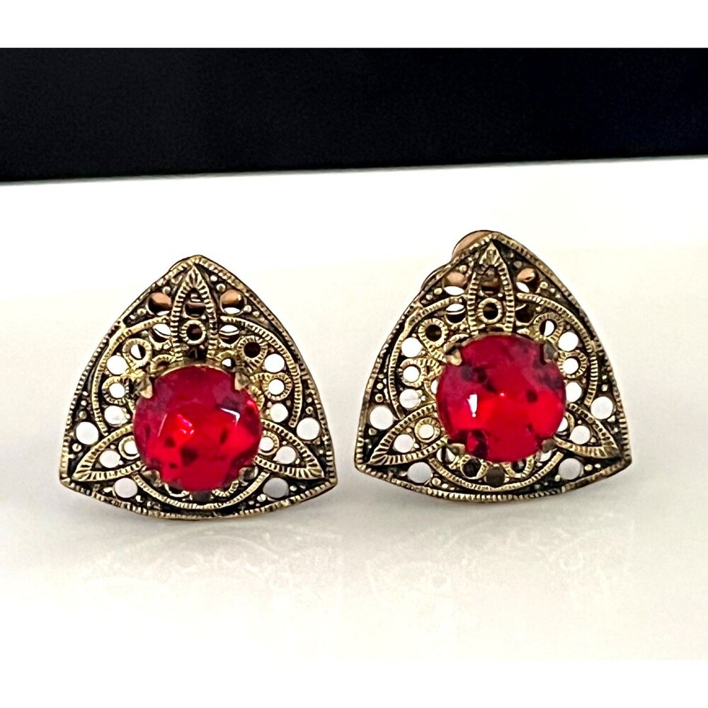 Vintage 1950s Clip Earrings Art Deco Revival Red Czech Glass Filigree - 4N
